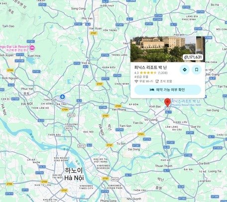 하노이 시내에서 박닌 피닉스 리조트 카지노 홀덤장까지의 이동 위치를 나타낸 구글 지도